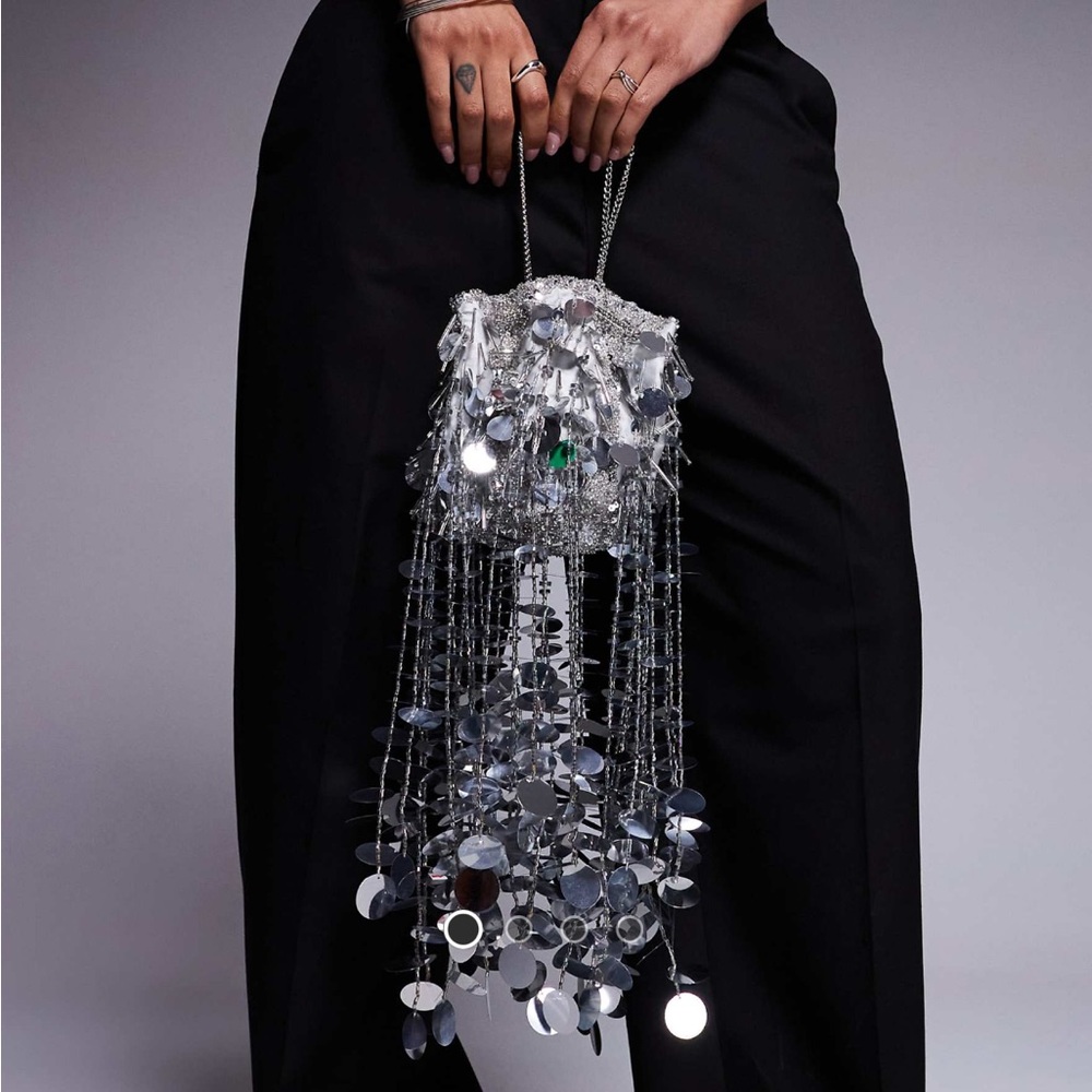 ASOS Tassel Sequin Bucket Grab Bag - Silver - Picture 1 of 6